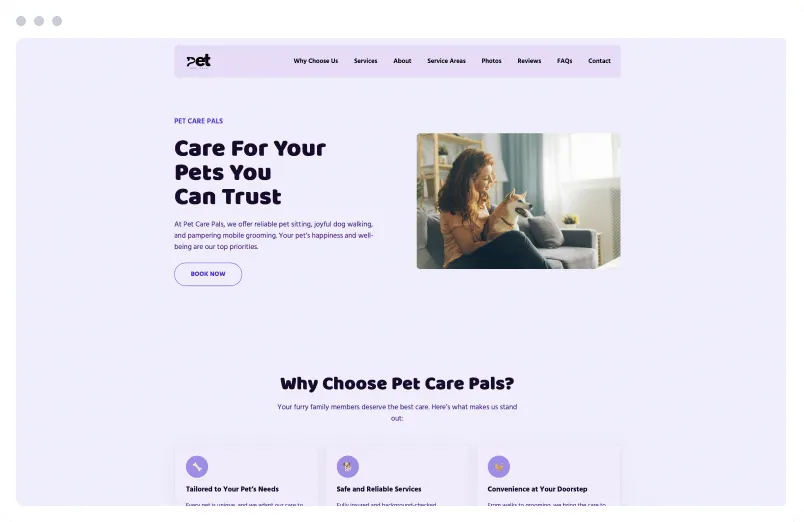 Template of a Pet Care website built with Siimple.