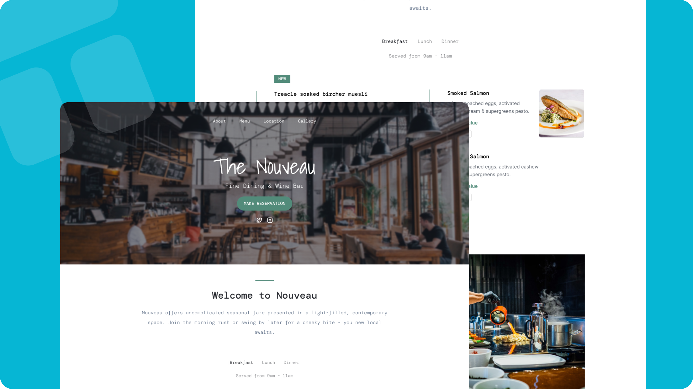Siimple restaurant website theme on teal blue background