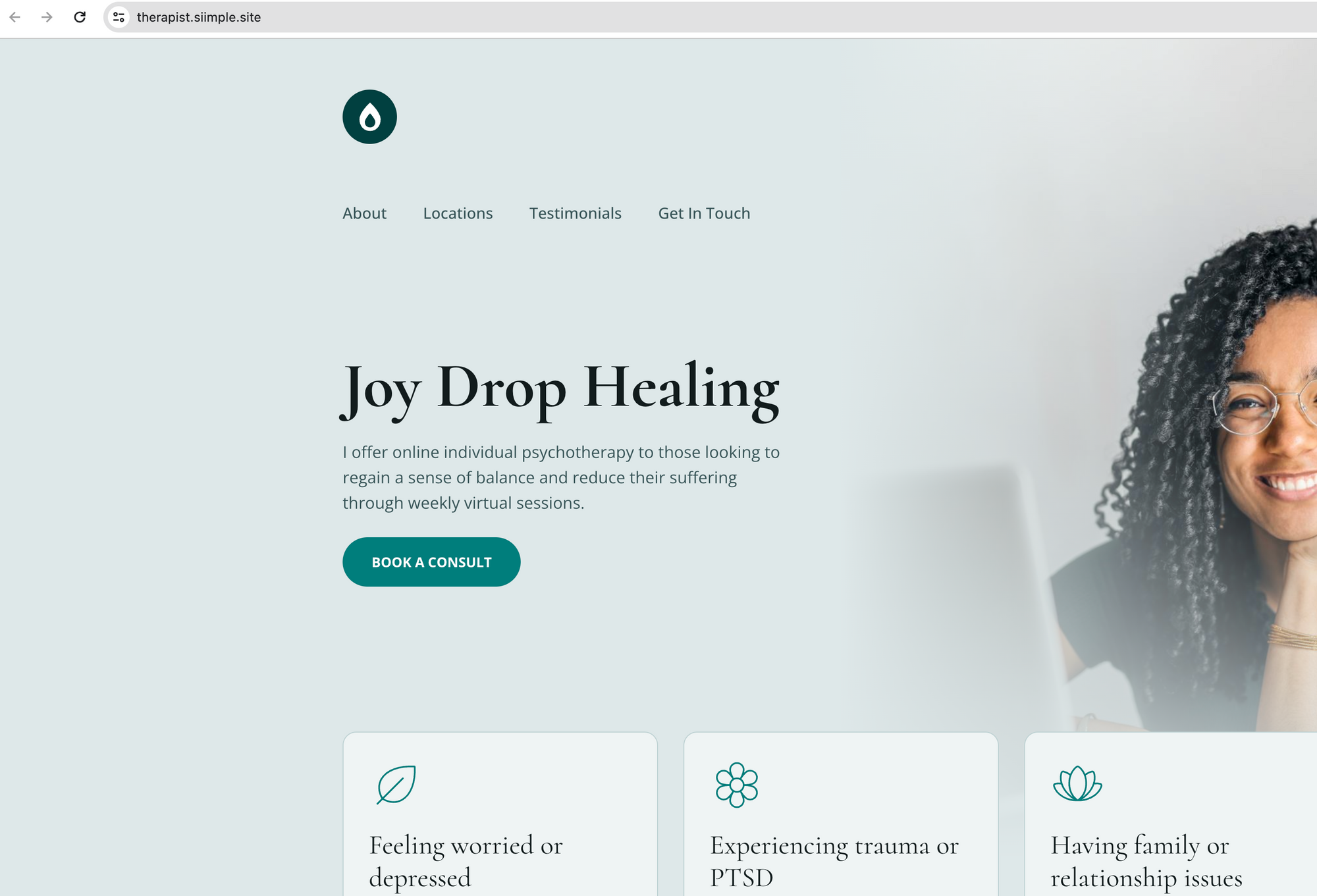 Light green website theme with Black women therapist image on the right