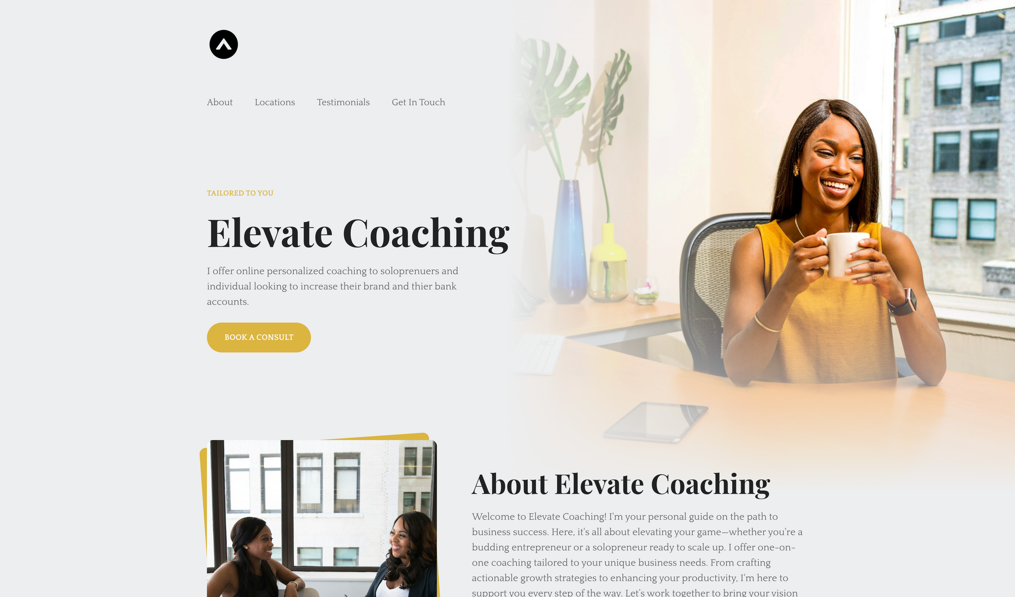 Yellow and Black website theme with black woman sitting at desk on the right