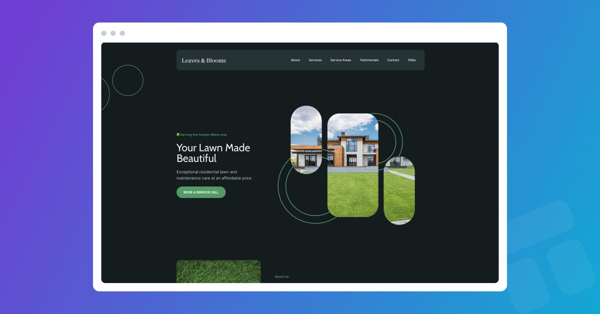 Dark lawn care website template on blue gradient background