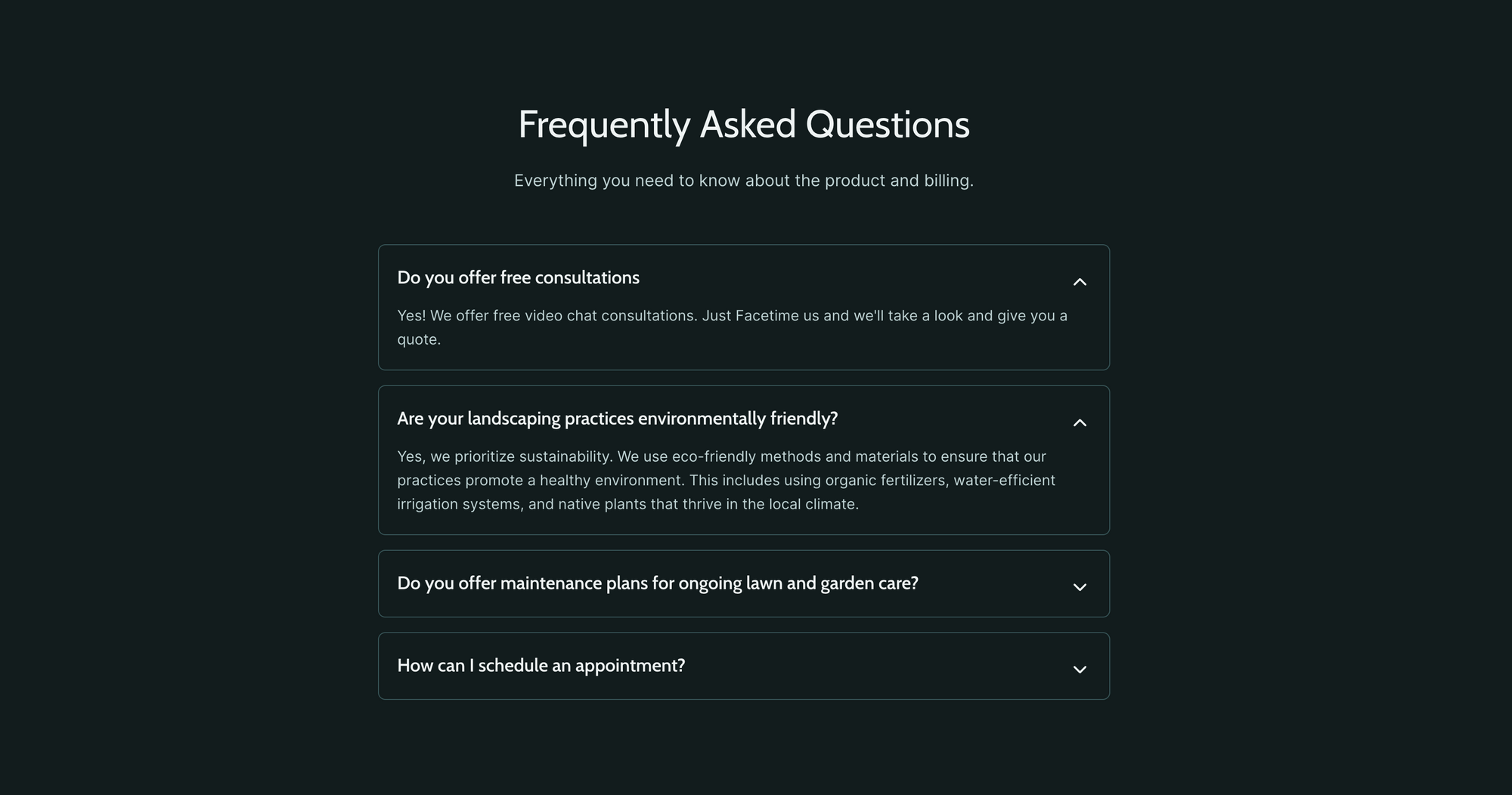 Table of expandable FAQs dark design with white text