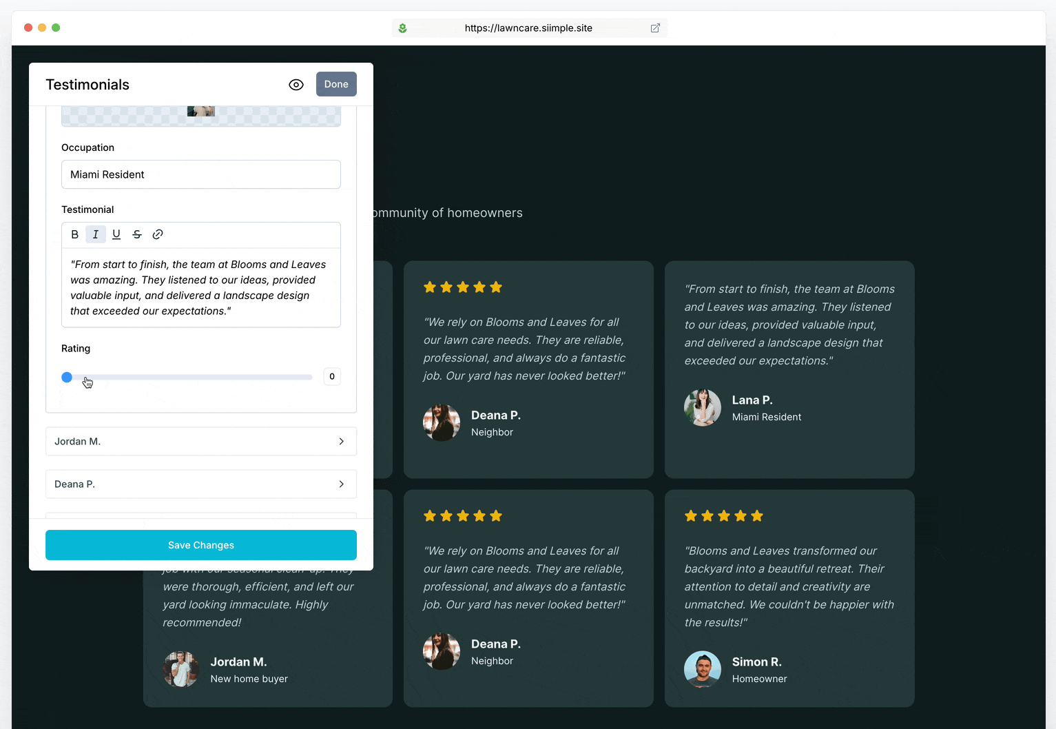 Grid of testimonials on dark design with yellow star ratings