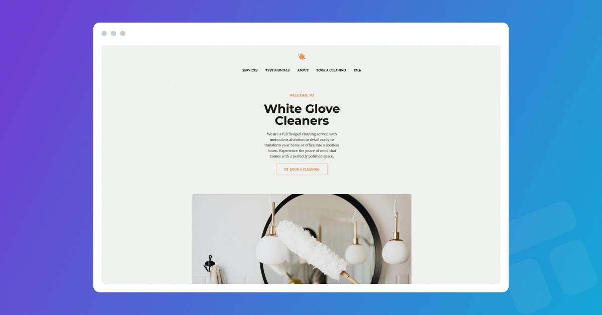 Blue gradient background with cleaning service website