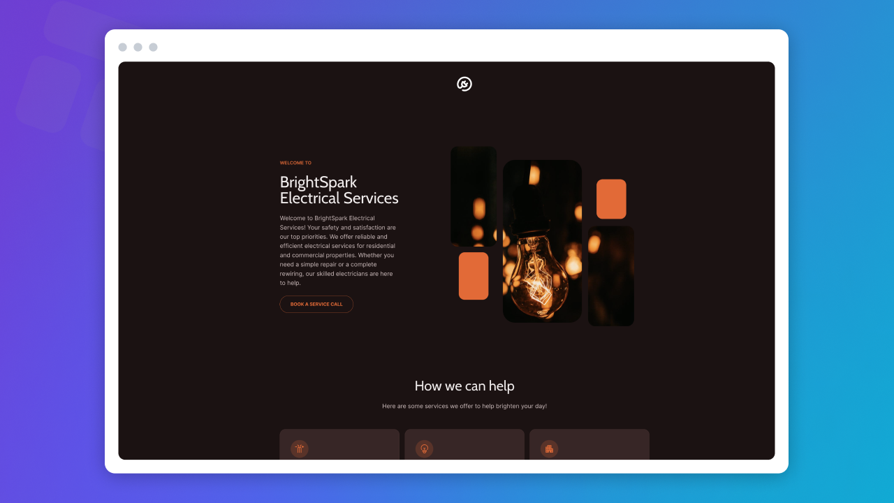 Dark brown site with orange images and graphics of lightbulbs