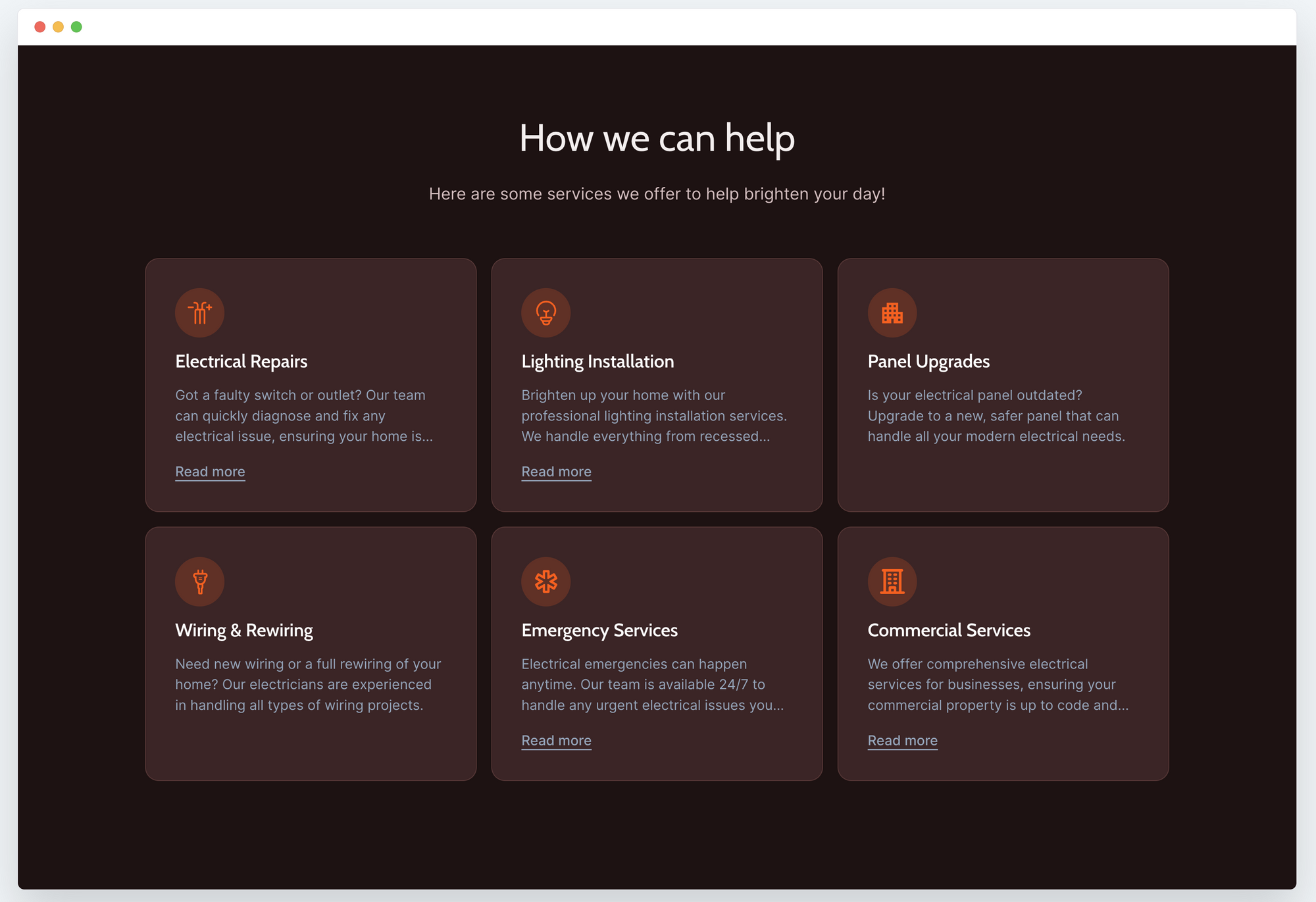 Dark brown site with orange service icons