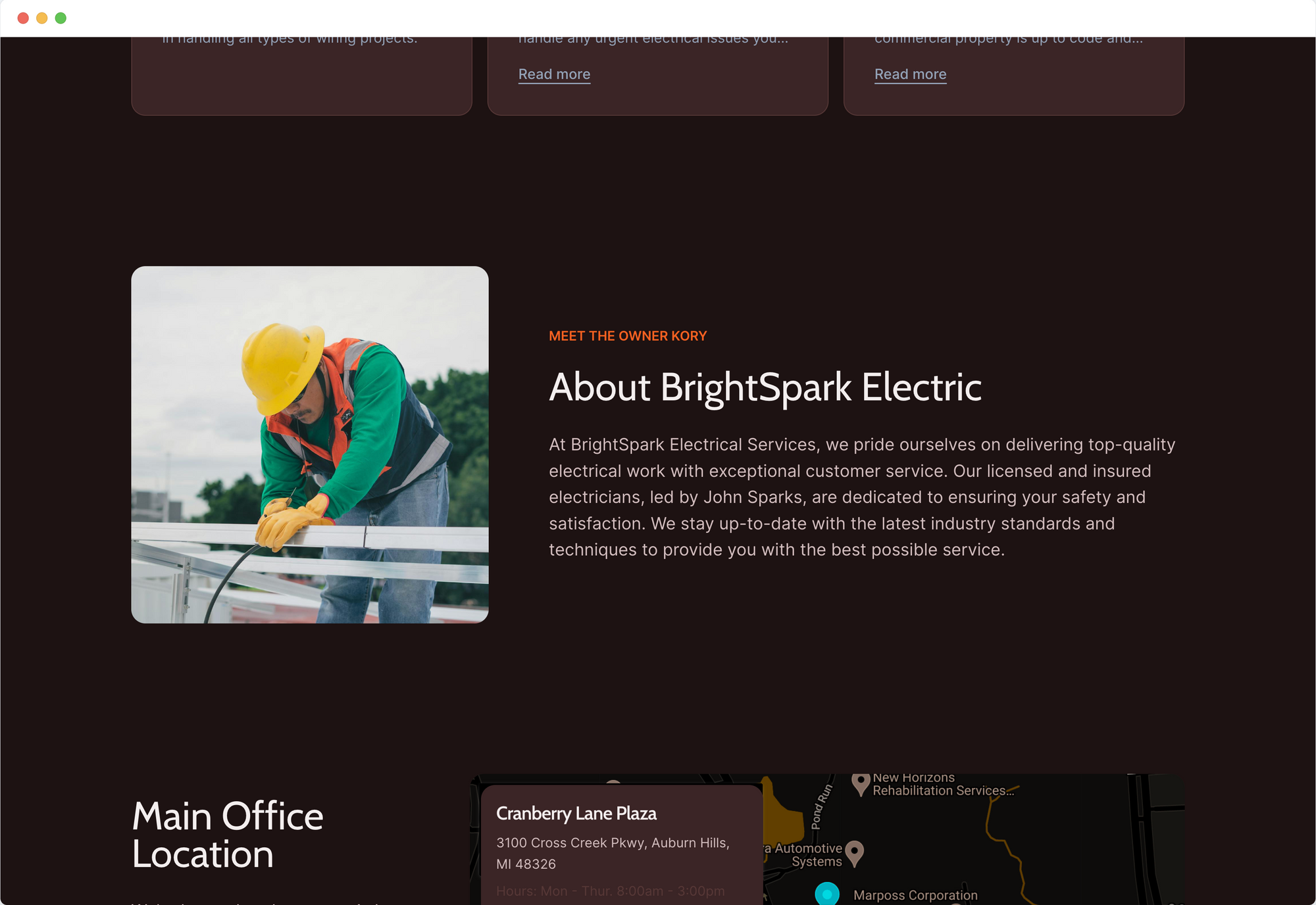 Dark brown site with image of electrician in a yellow hard hat