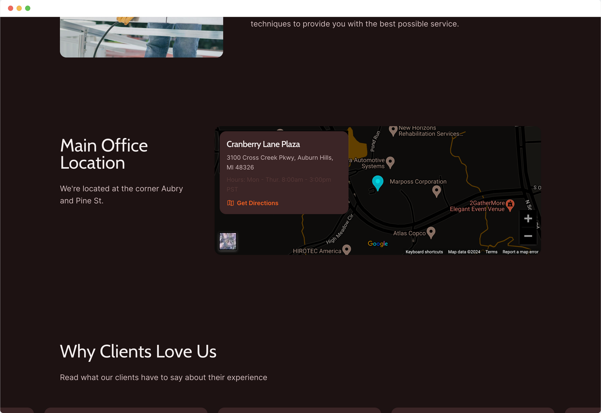 Dark brown site with service area map