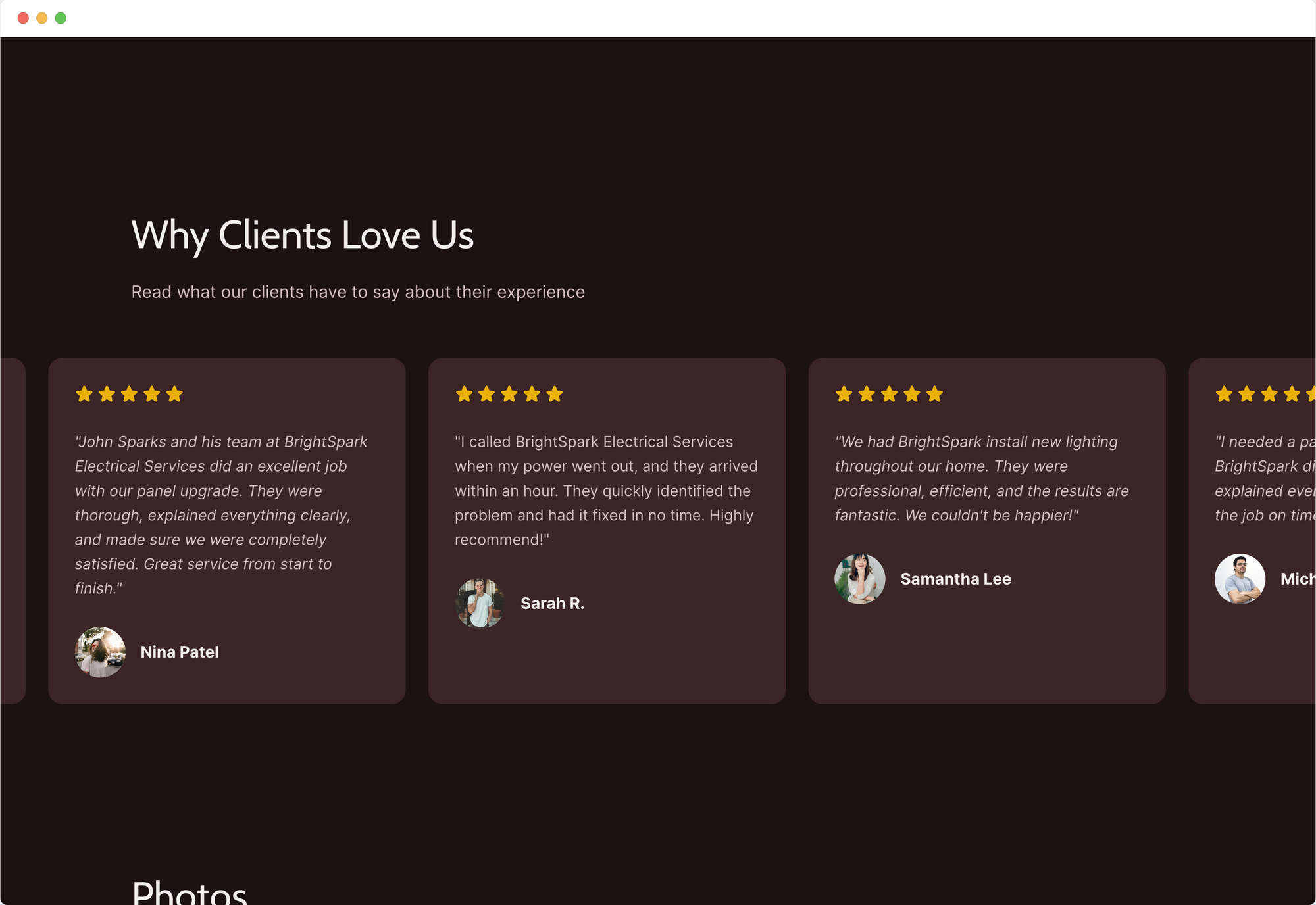 Dark brown site with testimonials boxes and yellow 5-star ratings