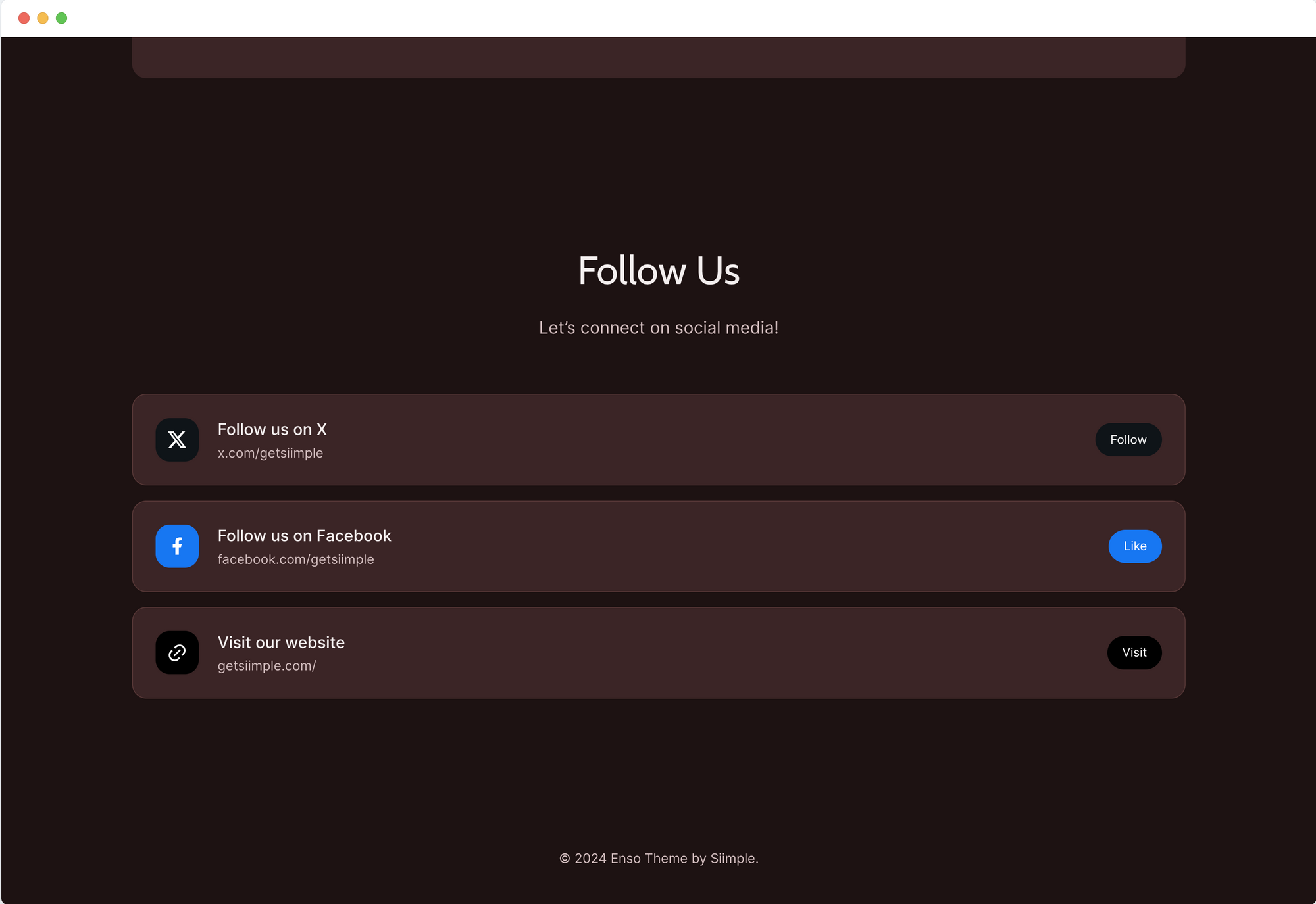 Dark brown site with social media links and icons