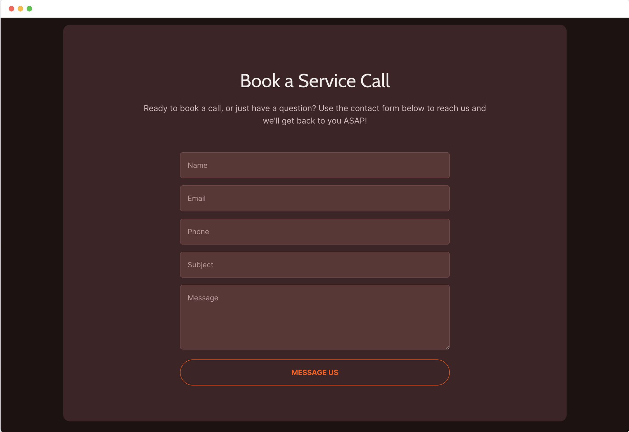 Dark brown site with contact form