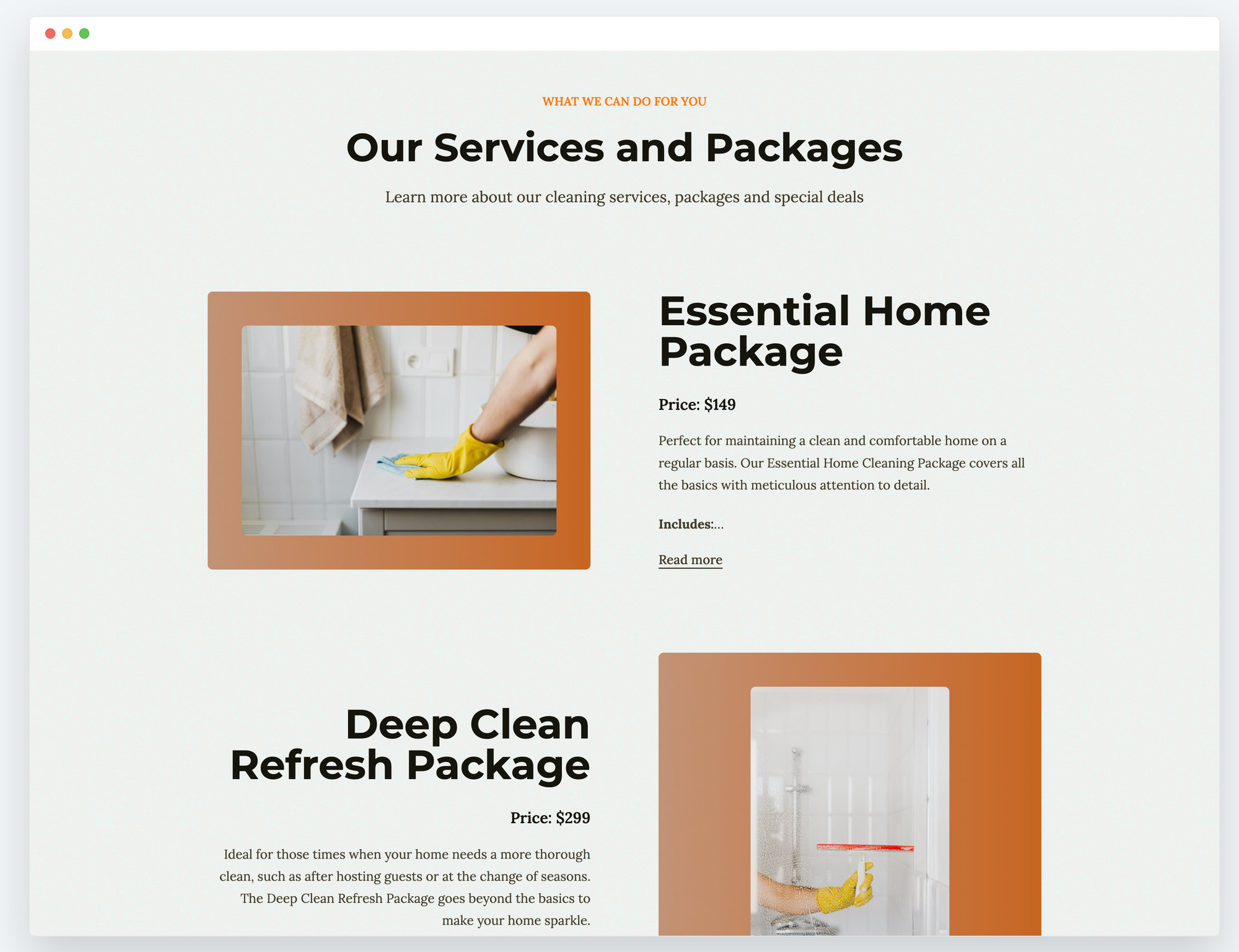 White website with images of cleaning with yellow gloves on orange background