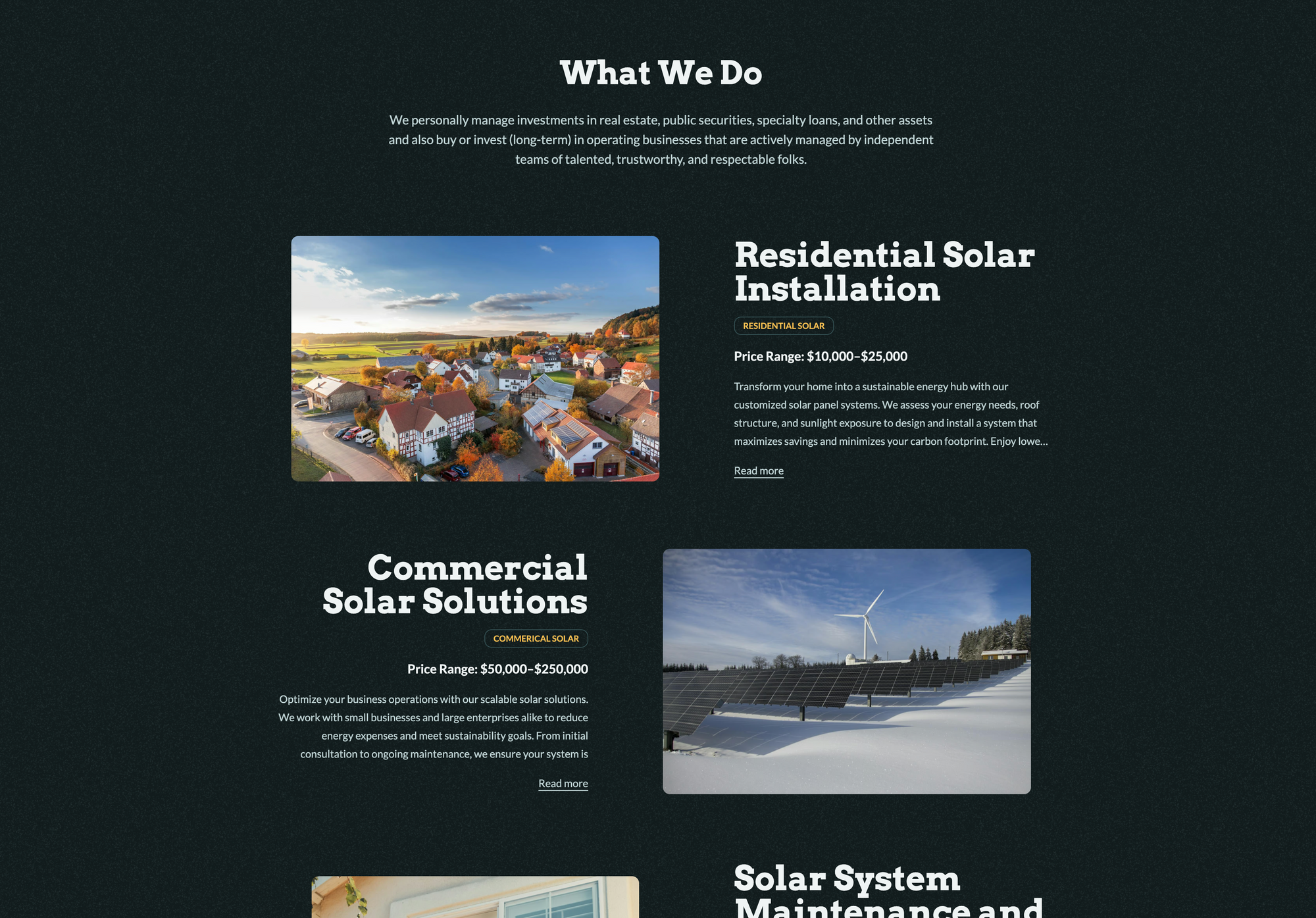 Solar company features and offerings page section